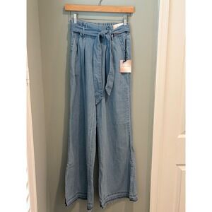 Happily Grey Paperbag Wide Leg Jeans Light Wash High Rise Tie Waist XS New